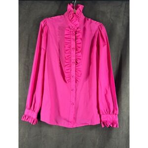 Alicia Vintage Hot Pink Ruffle High Neck Blouse Long Sleeve Button Up Tall 12